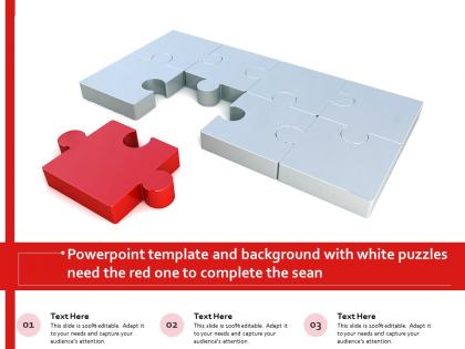 Powerpoint template and background with white puzzles need the red one to complete the sean