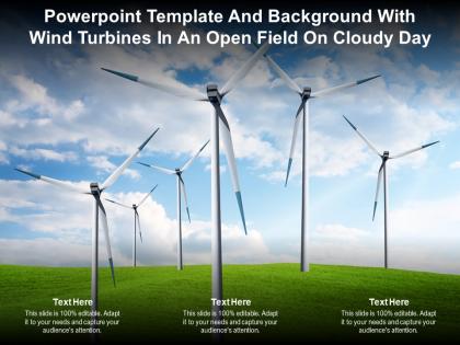 Powerpoint template and background with wind turbines in an open field on cloudy day