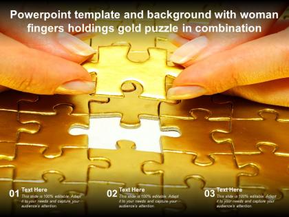 Powerpoint template and background with woman fingers holdings gold puzzle in combination