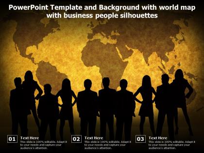 Powerpoint template and background with world map with business people silhouettes