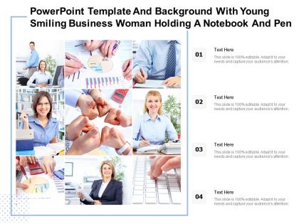 Powerpoint template and background with young smiling business woman holding a notebook and pen