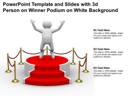 Powerpoint template and slides with 3d person on winner podium on white background