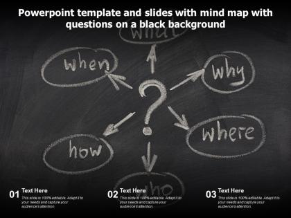 Powerpoint template and slides with mind map with questions on a black background