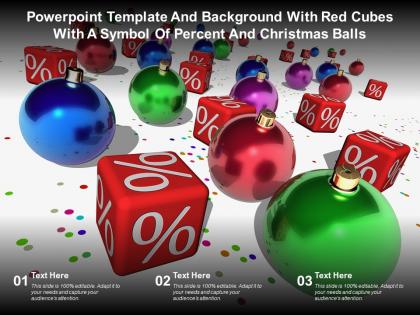 Powerpoint template and with red cubes with a symbol of percent and christmas balls