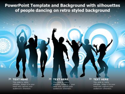 Powerpoint template and with silhouettes of people dancing on retro styled background