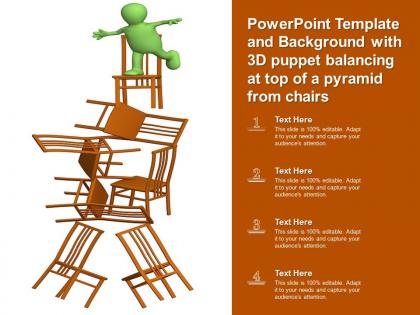 Powerpoint template background with 3d puppet balancing at top of a pyramid from chairs