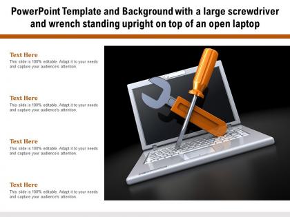Powerpoint template background with a large screwdriver and wrench standing upright on top of an open laptop
