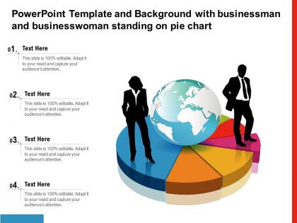 Powerpoint template background with businessman and businesswoman standing on pie chart