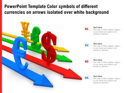 Powerpoint template color symbols of different currencies on arrows isolated over white background