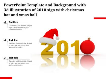Powerpoint template with 3d illustration of 2010 sign with christmas hat and xmas ball