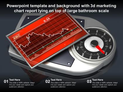 Powerpoint template with 3d marketing chart report lying on top of large bathroom scale