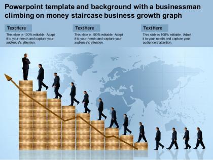 Powerpoint template with a businessman climbing on money staircase business growth graph