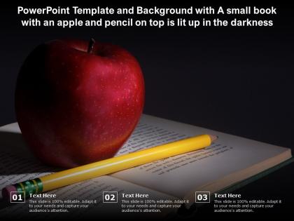 Powerpoint template with a small book with an apple and pencil on top is lit up in the darkness