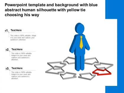 Powerpoint template with blue abstract human silhouette with yellow tie choosing his way