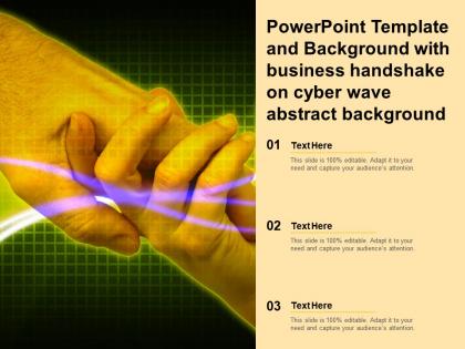 Powerpoint template with business handshake on cyber wave abstract background