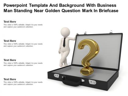 Powerpoint template with business man standing near golden question mark in briefcase