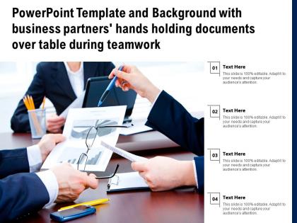 Powerpoint template with business partners hands holding documents over table during teamwork
