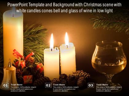 Powerpoint template with christmas scene with white candles cones bell and glass of wine in low light