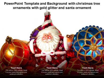 Powerpoint template with christmas tree ornaments with gold glitter and santa ornament