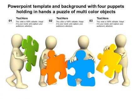 Powerpoint template with four puppets holding in hands a puzzle of multi color objects