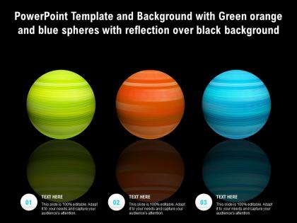 Powerpoint template with green orange and blue spheres with reflection over black background