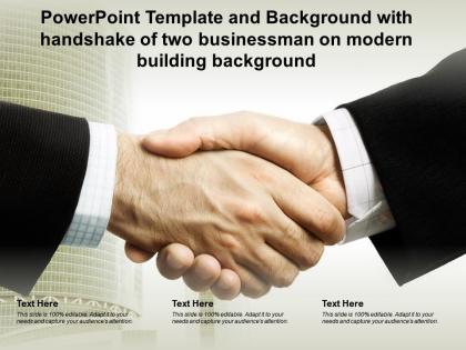 Powerpoint template with handshake of two businessman on modern building background