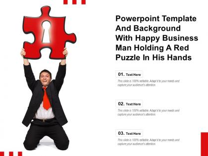 Powerpoint template with happy business man holding a red puzzle in his hands