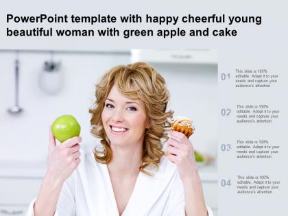 Powerpoint template with happy cheerful young beautiful woman with green apple and cake