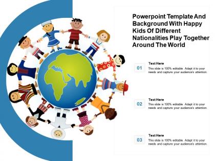 Powerpoint template with happy kids of different nationalities play together around the world