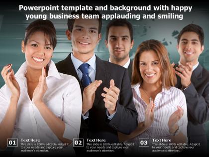 Powerpoint template with happy young business team applauding and smiling