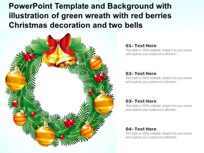 Powerpoint template with illustration of green wreath with red berries christmas decoration and two bells