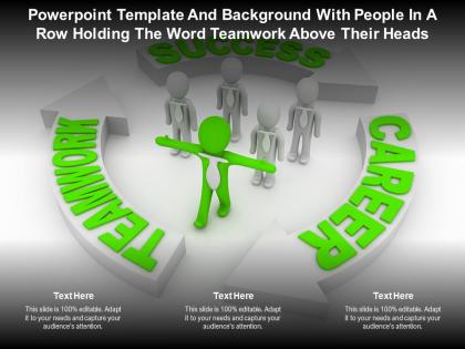 Powerpoint template with people in a row holding the word teamwork above their heads
