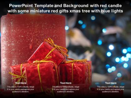 Powerpoint template with red candle with some miniature red gifts xmas tree with blue lights