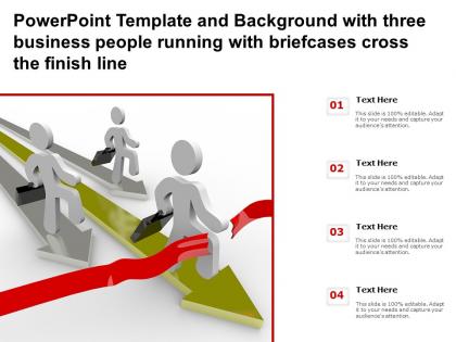 Powerpoint template with three business people running with briefcases cross the finish line