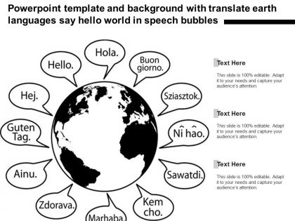 Powerpoint template with translate earth languages say hello world in speech bubbles