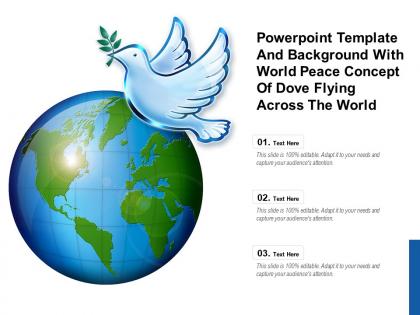 Powerpoint template with world peace concept of dove flying across the world