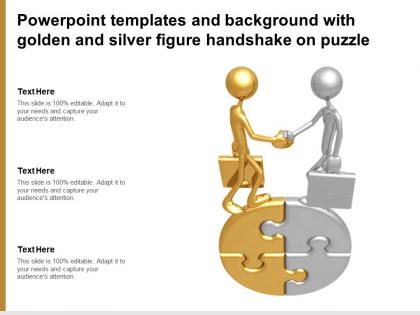 Powerpoint templates and background with golden and silver figure handshake on puzzle