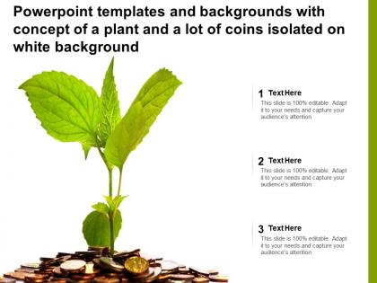 Powerpoint templates with concept of a plant and a lot of coins isolated on white background