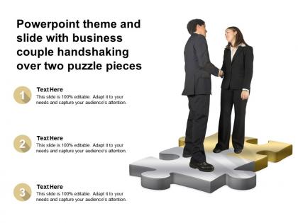 Powerpoint theme and slide with business couple handshaking over two puzzle pieces