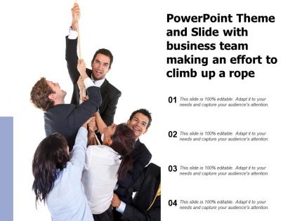 Powerpoint theme and slide with business team making an effort to climb up a rope