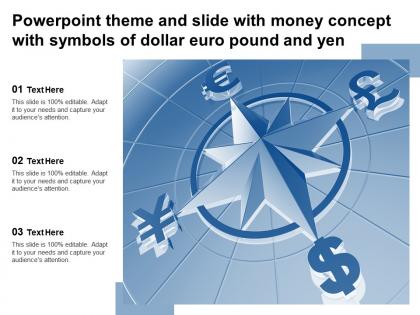 Powerpoint theme and slide with money concept with symbols of dollar euro pound and yen