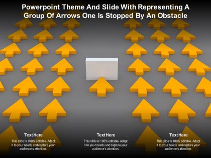 Powerpoint theme and slide with representing a group of arrows one is stopped by an obstacle