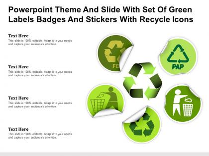 Powerpoint theme and slide with set of green labels badges and stickers with recycle icons