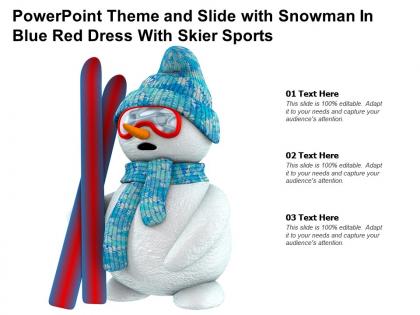 Powerpoint theme and slide with snowman in blue red dress with skier sports