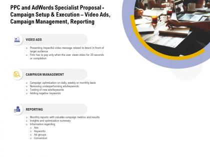 Ppc and adwords specialist proposal campaign setup and execution video ads campaign management reporting ppt grid