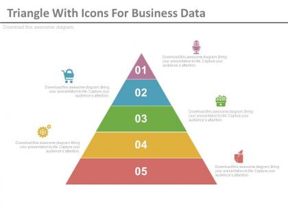 Ppt five staged triangle with icons for business data flat powerpoint design