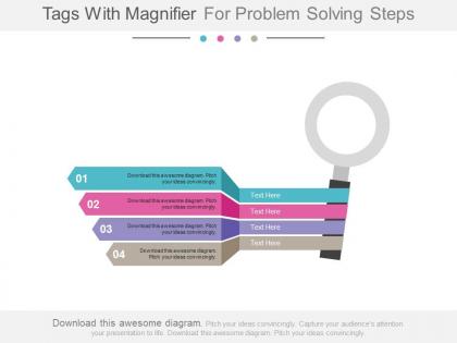 Ppt four tags with magnifier for problem solving steps flat powerpoint design