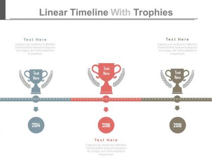 Ppts linear timeline with trophies for success representation flat powerpoint design