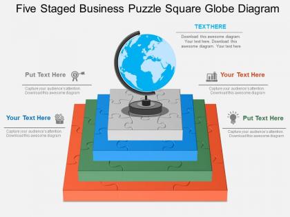 Pptx five staged business puzzle square globe diagram flat powerpoint design