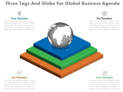 Pptx three tags and globe for global business agenda flat powerpoint design